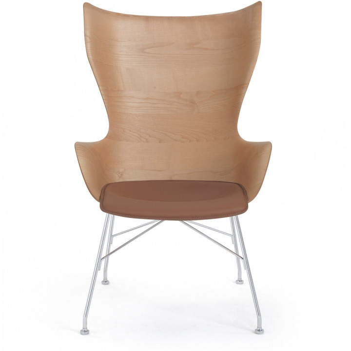 Kartell - K/Wood Sessel Leder - Buche dunkel / Verchromt