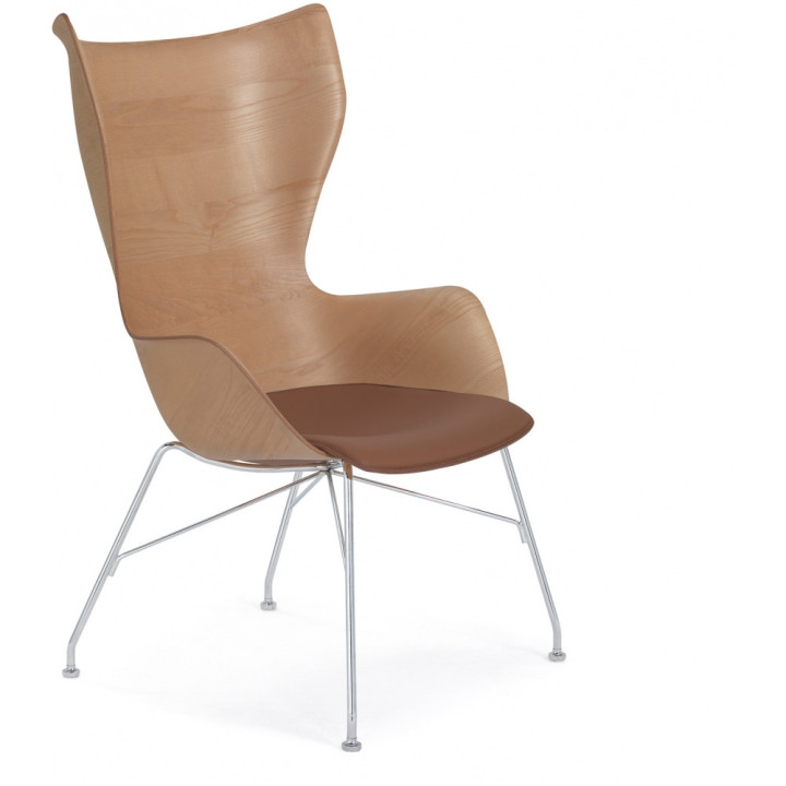 Kartell - K/Wood Sessel Leder - Buche dunkel / Verchromt
