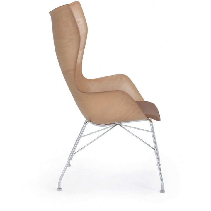Kartell - K/Wood Sessel Leder - Buche dunkel / Verchromt